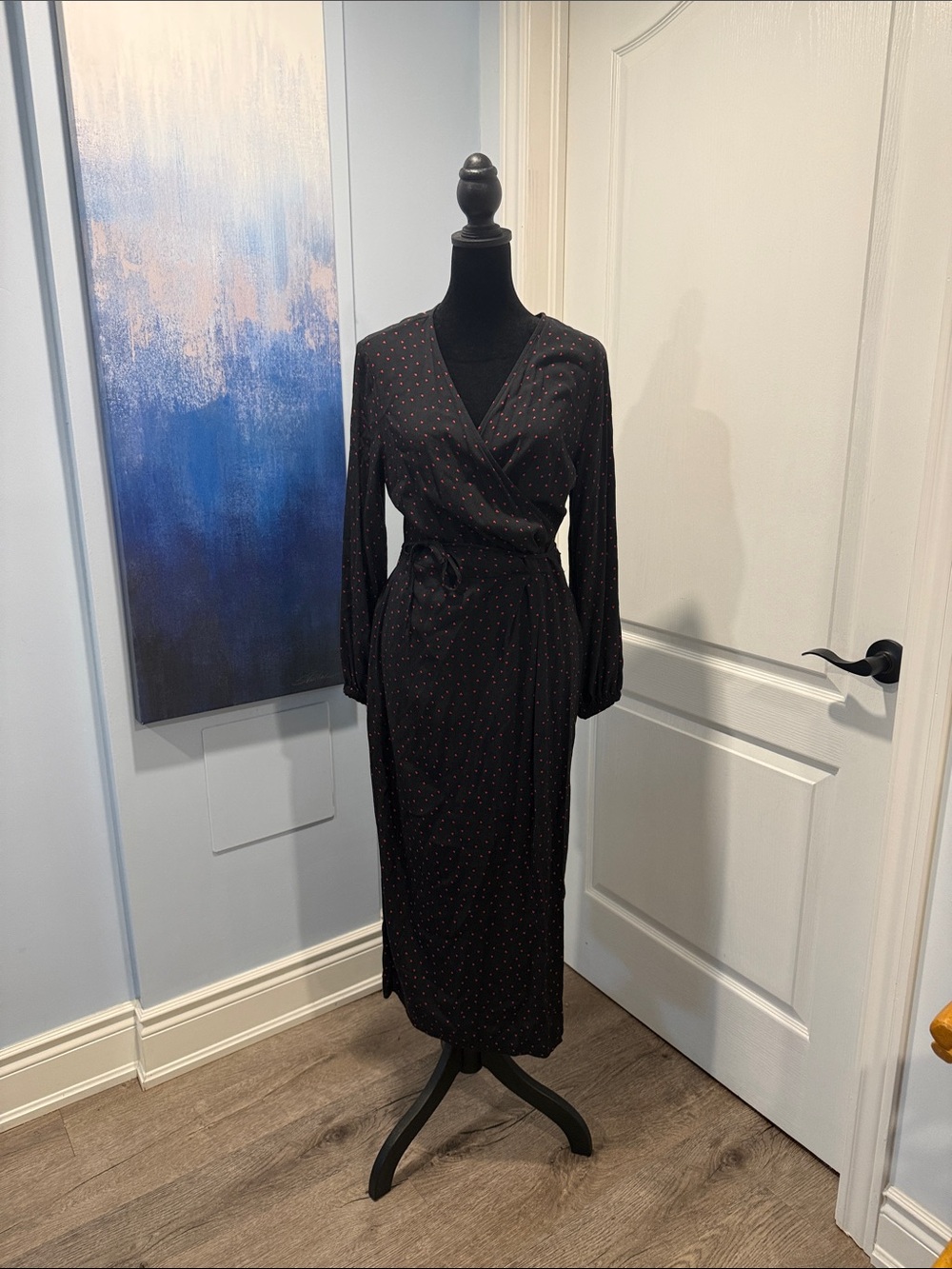 H&M Classic Black Wrap Midi Dress with Subtle heart Print